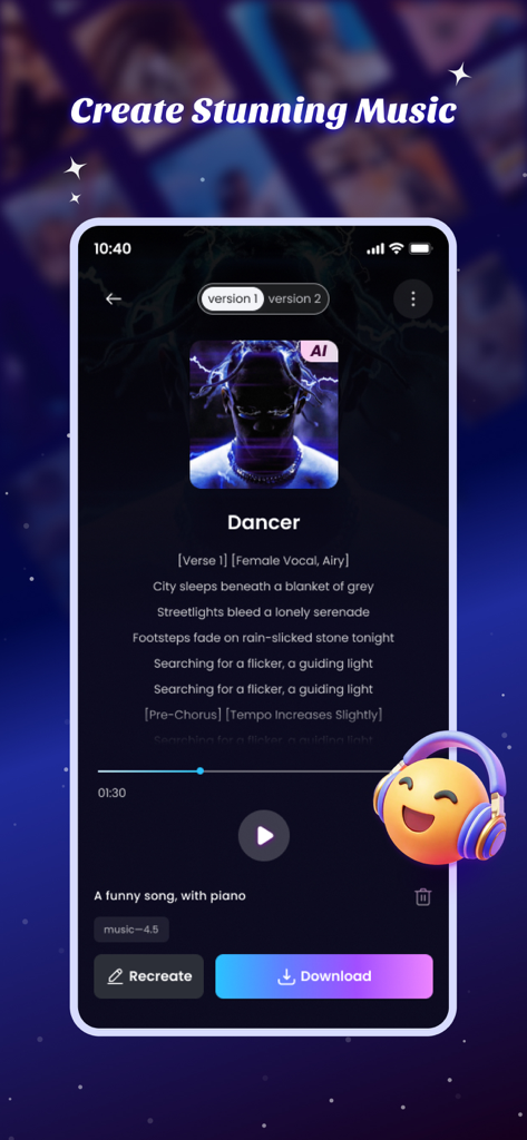 AI Video & Music - TopMediai - Smartphone screen showing the TopMediai app interface with AI-generated song lyrics and download options
