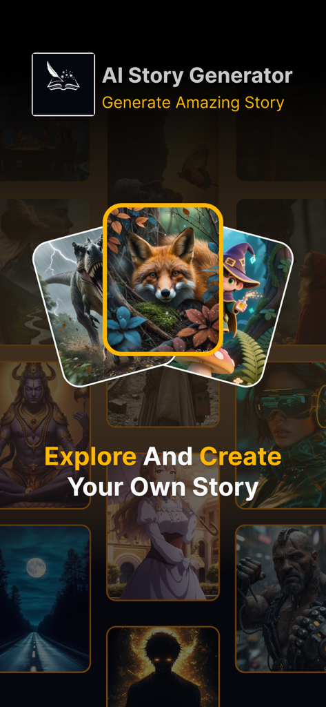 AI Story Generator - Story AI - AI Story Generator app screen showcasing generated story covers for different genres