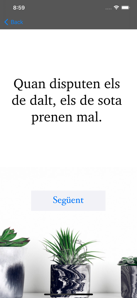Captura de pantalla de una pantalla de refrán catalán en la aplicación Refranyer Català.