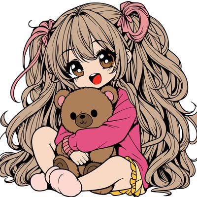 manga girl, long curly hair, happy, cuddling a teddy bear