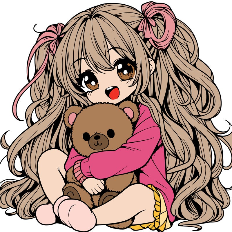 manga girl, long curly hair, happy, cuddling a teddy bear