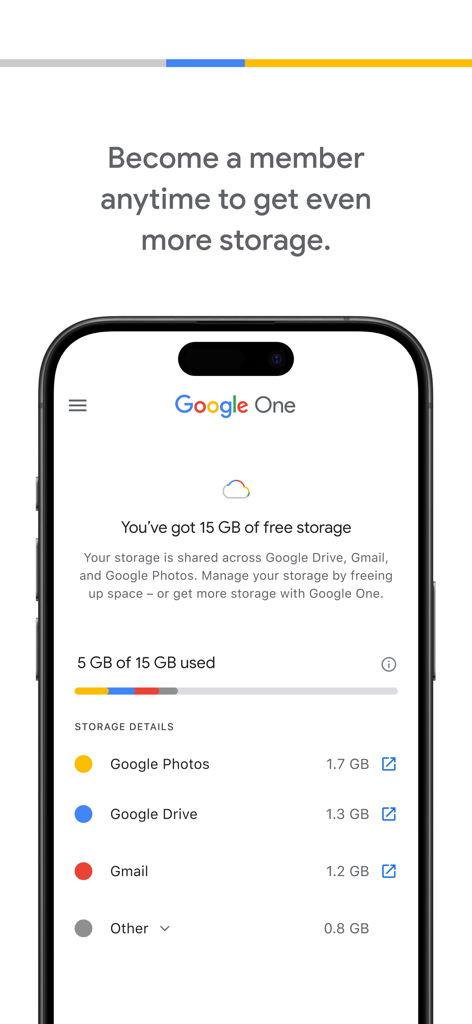 Interface of the Google One app on iPhone displaying cloud storage details for Google Photos Drive and Gmail