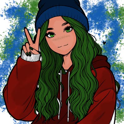 a teenage girl in a beanie, oversized sweatshirt, wavy long hair, and is showing a ✌️