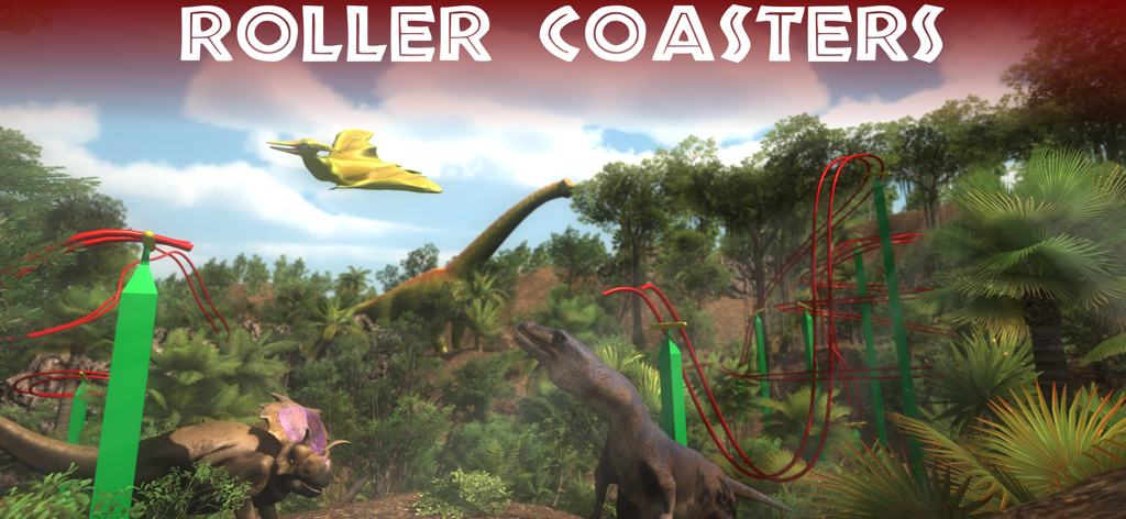 VR Jurassic - Dino Park World - Una escena de realidad virtual de VR Jurassic que presenta dinosaurios y una vía roja de montaña rusa en una jungla prehistórica