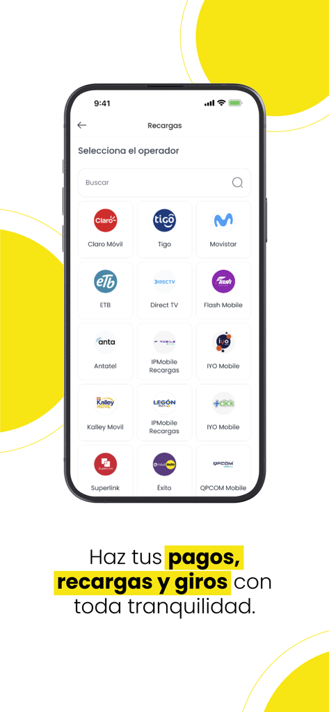 Interfaccia dell'app Efecty che mostra le icone dei vari operatori di telefonia mobile colombiani per le ricariche di servizi