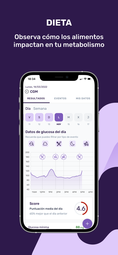 Healz - La interfaz de la aplicación Healz que muestra un gráfico de monitorización de glucosa en tiempo real y datos de salud metabólica en un teléfono inteligente.