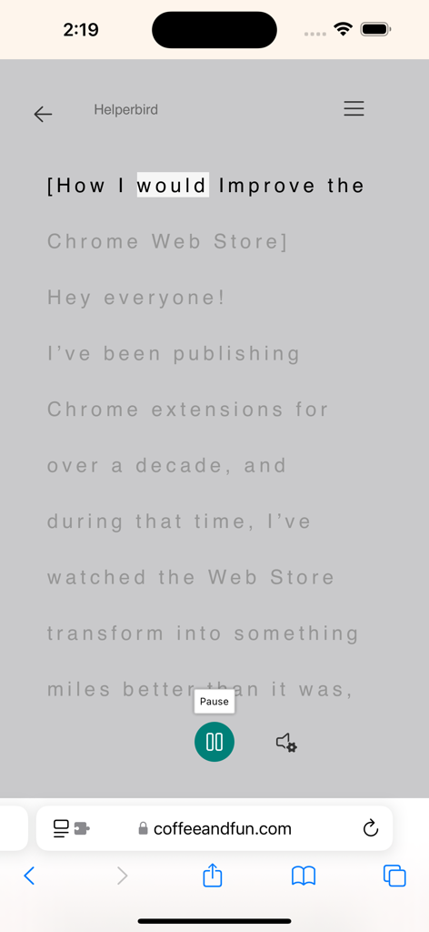 Interfaccia della funzionalità di modalità lettura dell'app Helperbird con controlli audio
