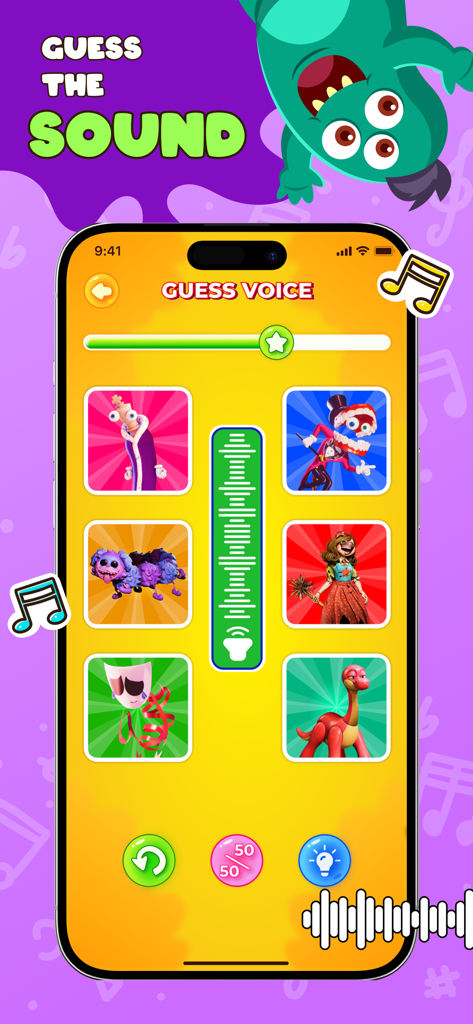 Schermata di gioco di Guess Sound Monster Voice che mostra un quiz di identificazione di personaggi con visualizzatore di onde sonore e icone colorate di mostri.