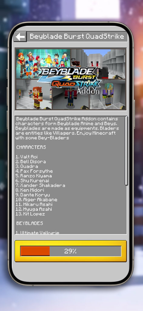 Interface of the Anime Mods app showing a Beyblade Burst QuadStrike addon for Minecraft with a character list and download progress bar