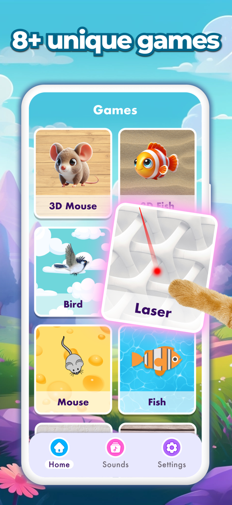 Interface d'application mobile montrant divers jeux interactifs pour chats comme souris oiseau et laser