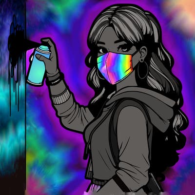 realistic girl with mask spray painting a wall
