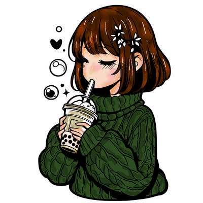 manga girl drinking boba in cozy sweater