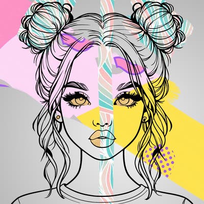 realistic girl with two buns in hair and lips