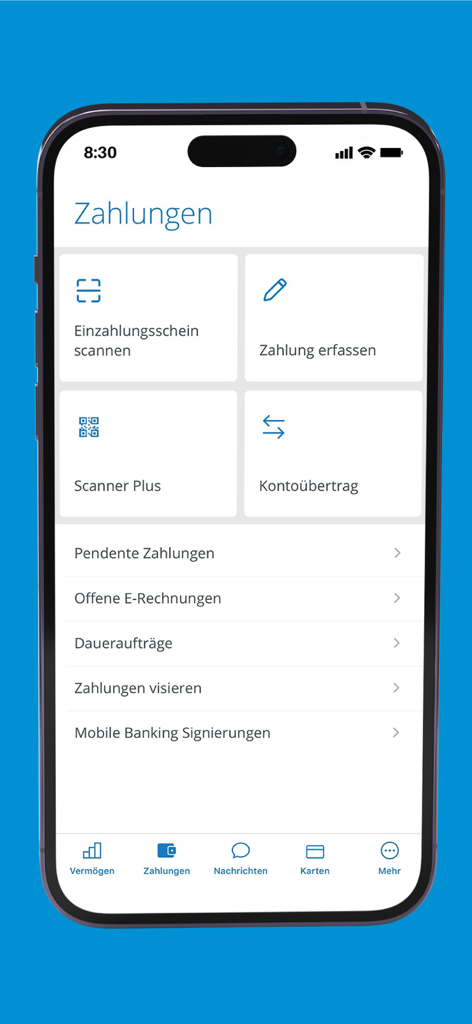 ZugerKB Mobile Banking - ZugerKB Mobile Banking app interface showing the payment management screen with options for scanning invoices and making transfers.