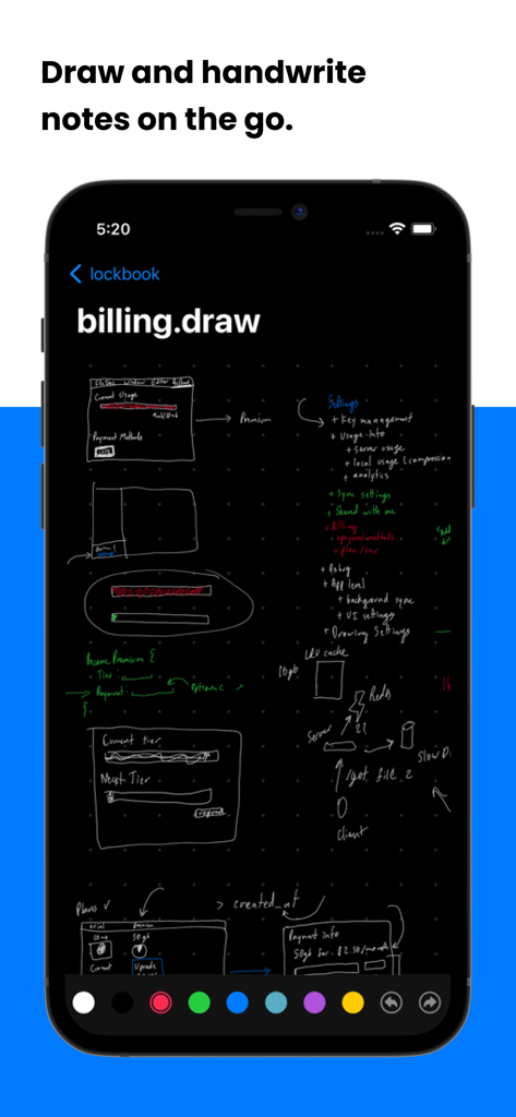 Lockbook - Lockbook mobile App-Oberfläche, die handgeschriebene Notizen und technische Diagramme auf einem dunklen Hintergrund zeigt
