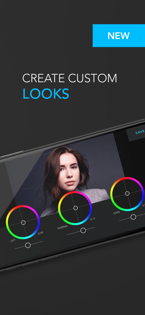 Cadrage Director's Viewfinder - A mobile screen showing the 3-way color correction interface in Cadrage Director's Viewfinder to create custom visual looks.