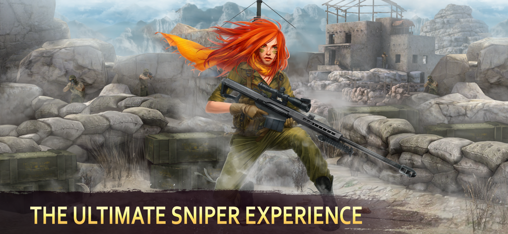 Sniper Arena: Killzone Shooter - 최고의 저격 경험이라는 문구와 함께 전술 전투 지역에서 전문 소총을 들고 있는 화려한 오렌지색 머리의 여성 저격수
