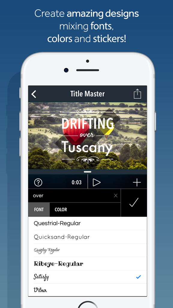 Interface de l'application Title Master sur un iPhone montrant diverses options de polices pour les titres vidéo.