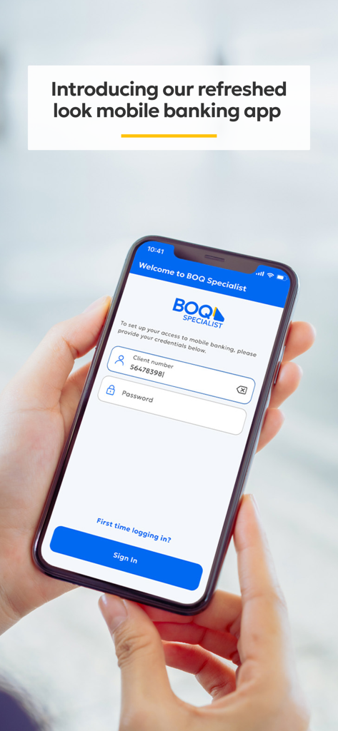 BOQ Specialist Mobile Banking - Écran de connexion de l'application bancaire mobile BOQ Specialist affiché sur un smartphone