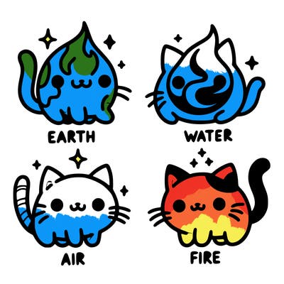 4 cats that represent the different elements, earth, water, air, and fire