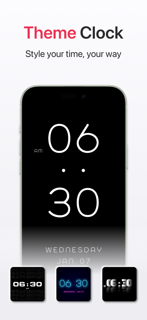 대형 디지털 시계와 다양한 미적 테마 옵션이 있는 Today Clock 앱을 보여주는 스마트폰 화면
