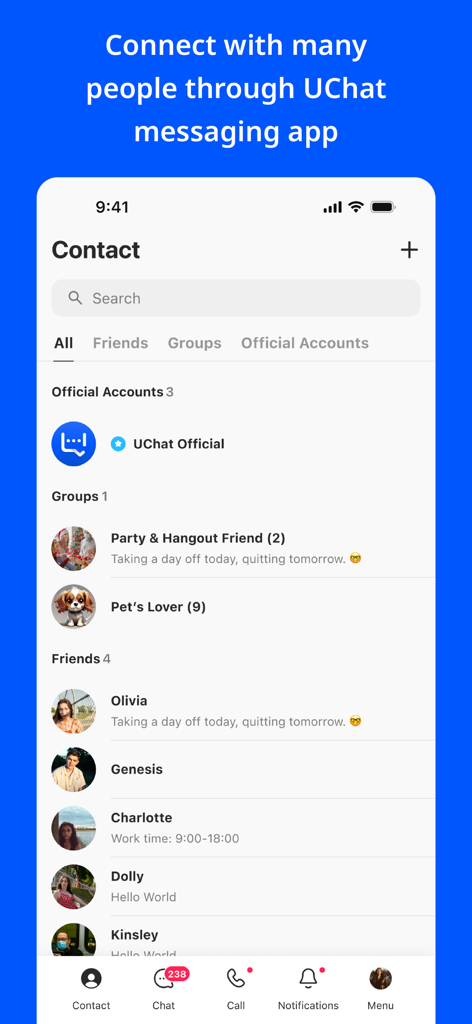 UChat - Messenger - UChat messenger app interface displaying a minimalist contact list with groups and friends