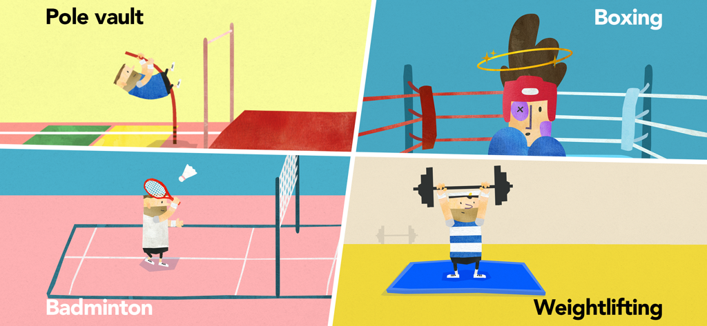 Fiete Sports Fun Minigames 4+ - Four-panel illustration of Fiete competing in pole vault, boxing, badminton, and weightlifting.
