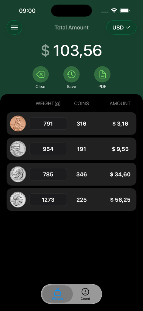 Coin Counter - CoinPouch - Screenshot der CoinPouch-App, der den nach Gewicht berechneten Münzbetrag für US-Dollar anzeigt