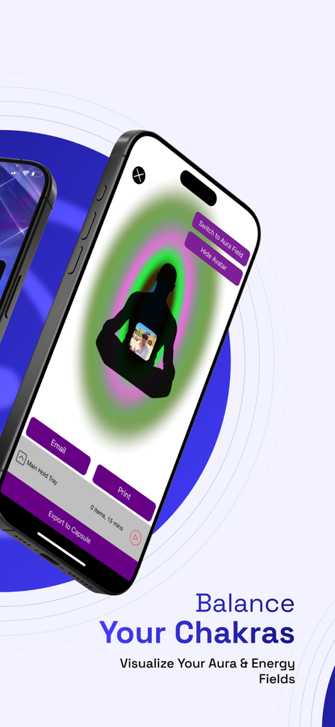 Genius Insight Biofeedback - Una pantalla de smartphone mostrando una colorida visualización de aura alrededor de una silueta meditando con el texto Equilibra tus Chakras.