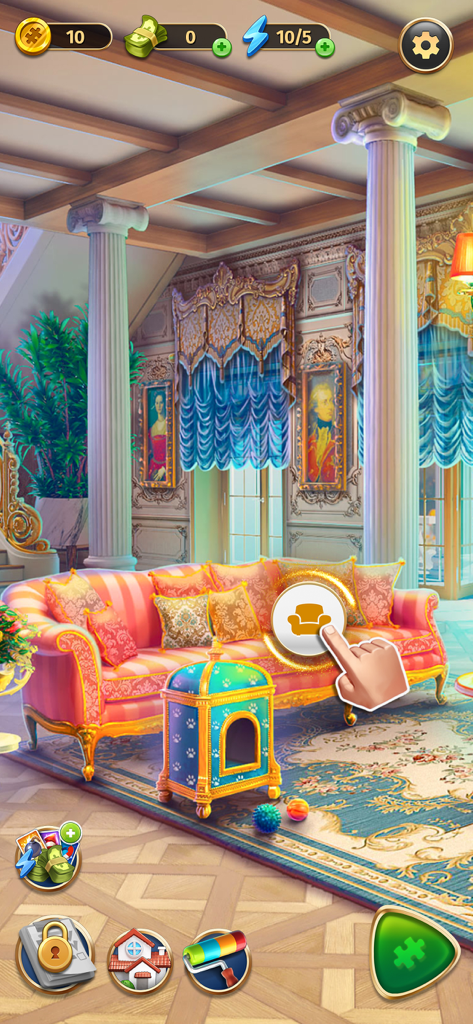 Puzzle Villa: Jigsaw Games - Ein dekoratives Wohnzimmerinterieur mit einem pinken Sofa und einem Tierhaus in Puzzle Villa