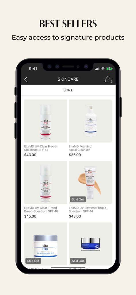 NakedMD - NakedMD app interface showing best-selling medical-grade skincare products like EltaMD SPF and facial cleanser.