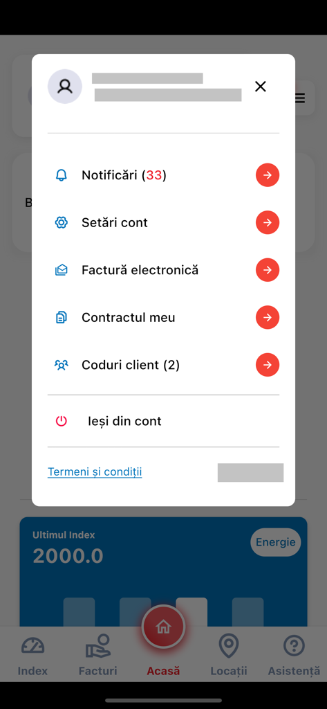 Account menu interface of the MyElectrica mobile app displaying user settings and electronic invoice options