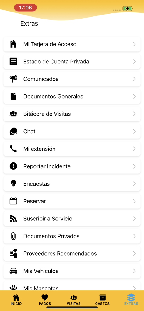 Residentfy - Capture d'écran du menu Extras de l'application Residentfy montrant les options pour les services aux résidents tels que les cartes d'accès et les relevés de compte