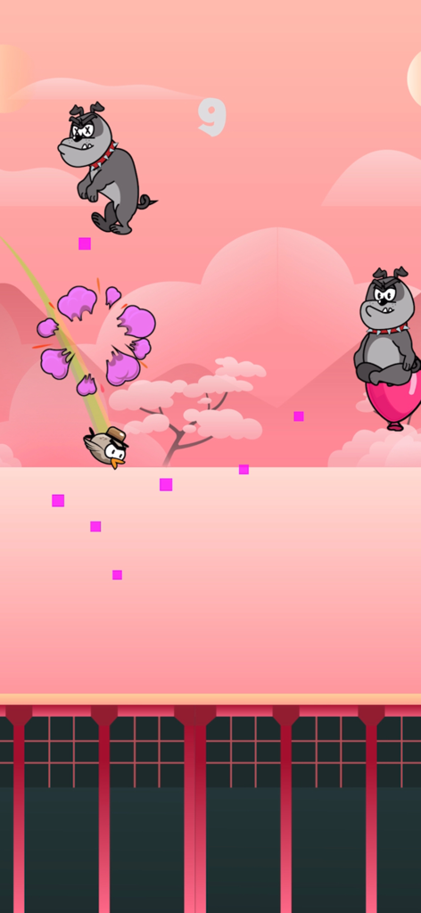 Balloon pop party - Gameplay of Balloon Pop Party showing a bird popping a pink balloon carrying a bulldog
