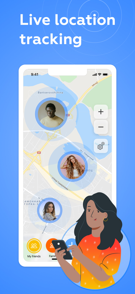 Family Link for Parents - Una interfaz de aplicación móvil que muestra el seguimiento de ubicación en vivo de los miembros de la familia en un mapa con una mujer sosteniendo un teléfono en primer plano.