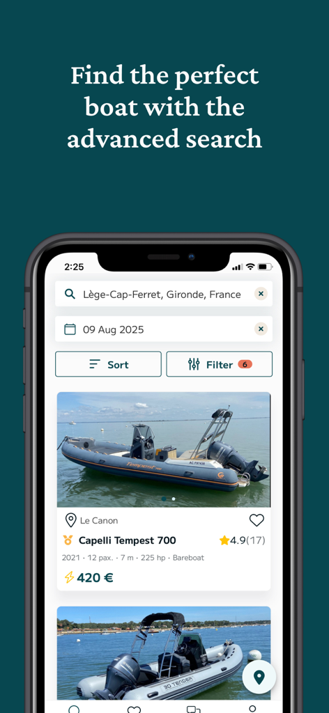 Samboat - Boat rental & Yacht - Samboat app search screen showing available boat rentals with prices and filters