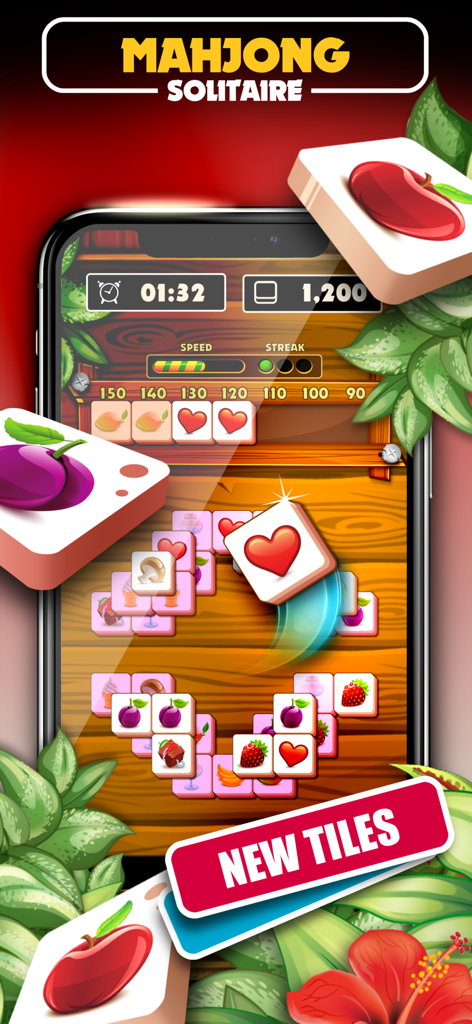 Mahjong Solitaire gameplay showing fruit-themed tiles and a score timer on a mobile screen