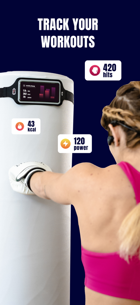 PunchLab: Boxing Workout - A woman using the PunchLab app to track hits power and calories on a punching bag