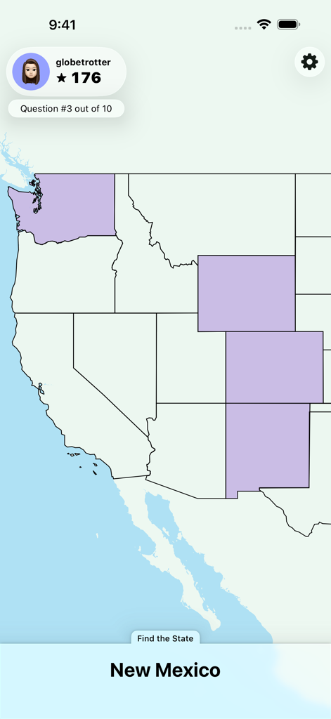 Geognosis - Geography Quiz - Screenshot of the Geognosis app showing a geography quiz to find the U.S. state of New Mexico on a map