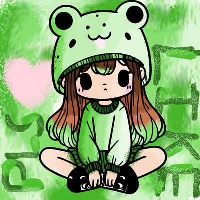 a girl wearing a frog hat and some frog socks