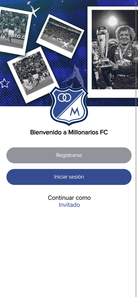 Millonarios - Welcome screen of the Millonarios FC official app featuring the club logo and login options