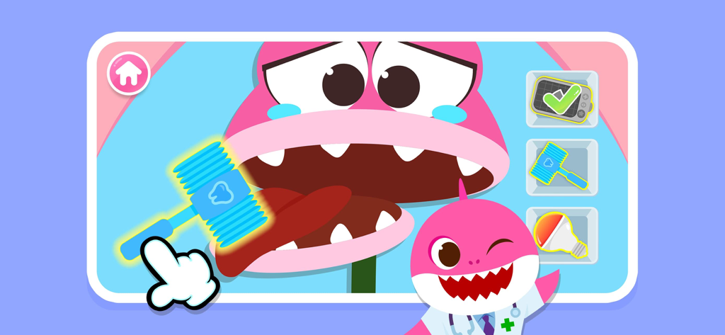 Baby Shark Dentist Play: Game - Baby Shark como dentista tratando a un paciente venus atrapamoscas llorando con una herramienta dental