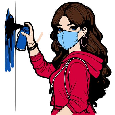 realistic girl with mask spray painting a wall