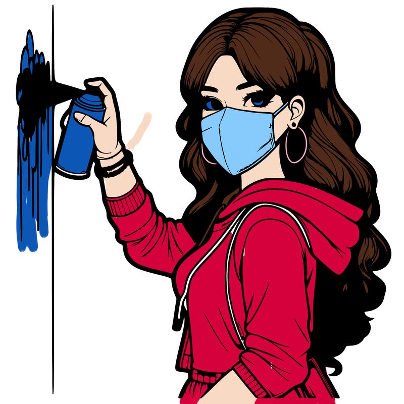 realistic girl with mask spray painting a wall