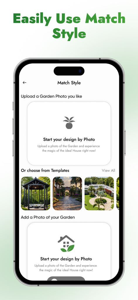 Oberfläche der KI- Gartendesign-App, die die Funktion Style anpassen mit Optionen zum Hochladen von Fotos oder zur Auswahl von Gartenvorlagen zeigt.