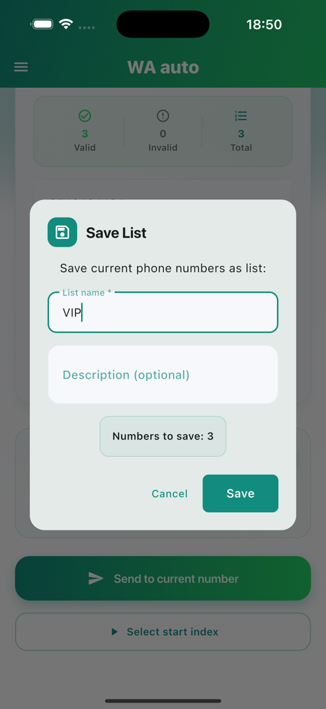 WA Auto - Écran de l'application WA Auto montrant une fenêtre contextuelle pour enregistrer une liste de contacts nommée VIP
