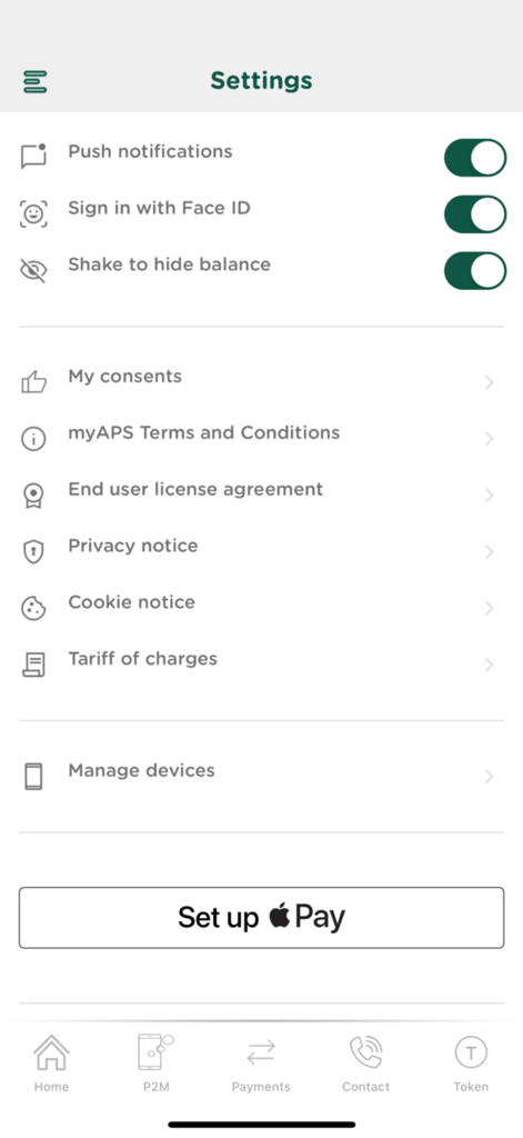 Settings screen of the myAPS app featuring Face ID login and Apple Pay setup options.
