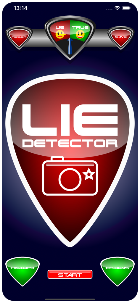 Lie Detector Test - Tela principal do aplicativo Teste do Detector de Mentiras com botão iniciar e medidor de verdade ou mentira