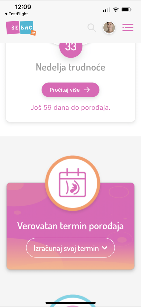 Bebac - Bebac app interface showing week 33 of pregnancy tracking and a due date calculator in Serbian.