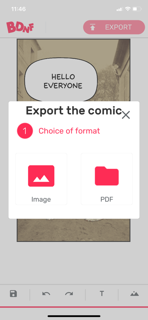 BDnF (light version) - Interface de l'application BDnF montrant les options d'exportation pour les projets de BD au format image ou PDF.